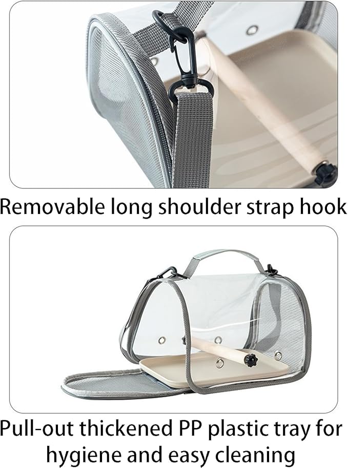 Bird Carrier Backpack Bird Bag Panoramic View Breathable Foldable with Perch Removable Tray for Peony Little Sun Tiger Skin Monk (Grey)