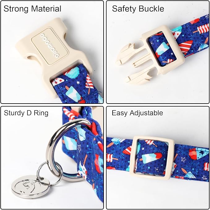 DOGWONG Cotton Dog Collar, Popcile Summer Dog Collar Durable Soft Natural Fabric Pet Dog Collar Cute Blue Ice Cream Puppy Necklace for Small Medium Large Dogs