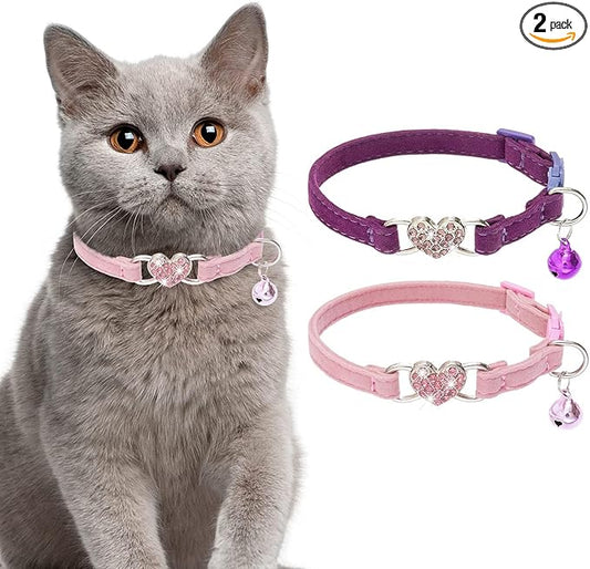 BINGPET Cat Collar Breakaway with Bell, Pack of 2 Heart Bling Collar Safety with Soft Velvet Adjustable for Kittens