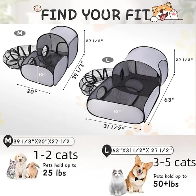 Tailtastic Dog Playpen with Surround Tunnel, Outdoor/Indoor Cat Playpen with Breathable Soft Sides，Tailtastic Cat Enclosure Tent for Small Animals, Portable Cat Tent with Carry Bag (Large)