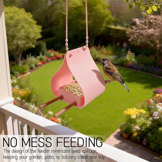 Hanging Bird Feeder with Wooden Perches, No Mess Silicone Feeding, Adjustable Strap for Parrots and Wild Birds, for Garden, Patio, and Balcony Decor (Pink)
