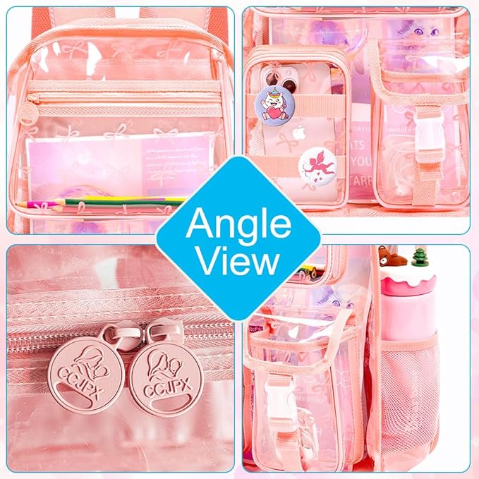 CCJPX 3Pcs Clear Backpack for Girls, School Transparent Bookbag, Heavy Duty See Through Backpacks for Teens Elementary
