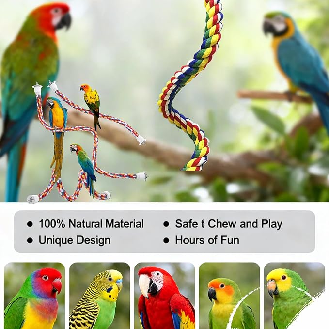 Bird Rope Perches, Parrot Toys, Bungee Rope Perches for Parrots, Cockatiels, Parakeets, Budgie Cages Comfy Birds (Metal Nut) - 33.46 inches