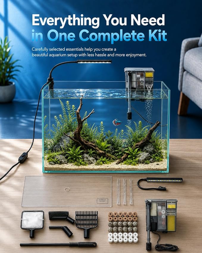10-Gallon Ultra-Clear Glass Fish Tank Starter Kit, LED Light, Reusable 3-Stage Filter, Lid, Easy Maintenance Rimless Aquarium for Betta and Small Fish