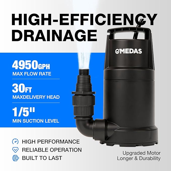 MEDAS Portable Sump Pump for Swimming Pool, Garden Pond, Basement Water Removal with 10ft Power Cord 1HP 4950GPH