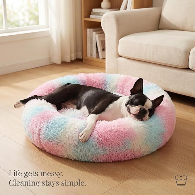 Calming Dog Bed for Medium Dogs Washable Donut 30 inches Anti-Slip Pet Bed,Round Fluffy Plush Faux Fur Cat Bed,Fits up to 45 lbs Pets,Multi Colored