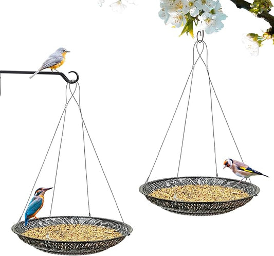 CQAIRIOU Upgraded Hanging Bird Feeder Tray (2 Sets),11.8” Stainless Steel Large Platform Open Bird Seed Tray for Outside Wild Birds