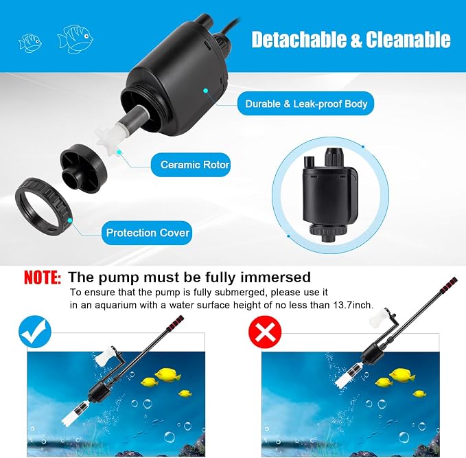 AQQA Aquarium Gravel Cleaner, 6-in-1 Fish Tanks Gravel Vacuum Cleaner Set | Remove Dirt, Change Water, Wash Sand, Water Shower, Water Circulation (20W, 320GPH)