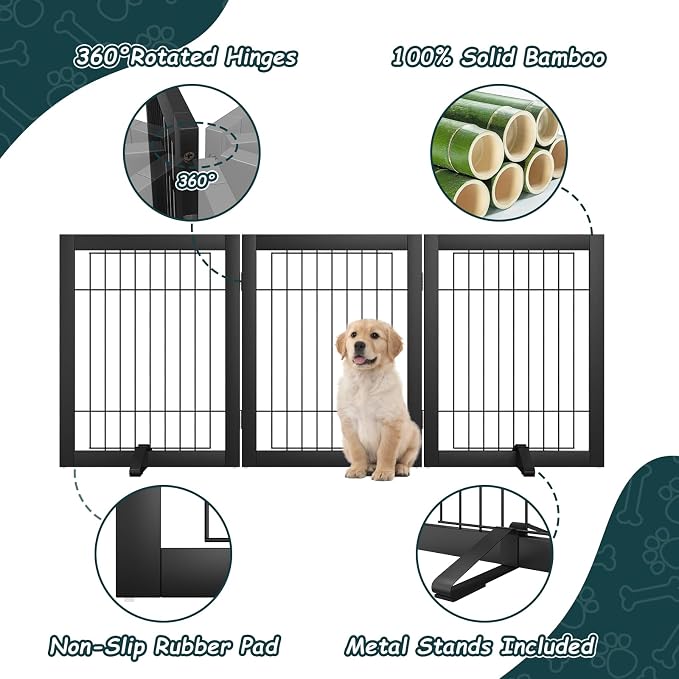 Semiocthome Freestanding Dog Gates and Barriers Indoor Pet Gates for Doorways and Stairs 24"H- 3 Panels Puppy Gate with 2 Metals Stands Adjustable Safety Fence Wire Dog Gate with Bamboo Frame - Black