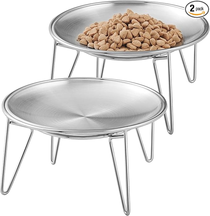 Cat Food Bowls, 2 Pcs Stainless Steel Cats Food and Water Whisker Fatigue Shallow Dishes, Small Dog Puppies Fat Faced Cat Kitten Supplies (2 Plates with Stand)