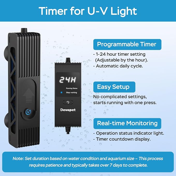Aquarium U-V Light, Al-gae Control Light with 1-24H Timer, Green Water Clean Lamp with Protective Shield, 6W for 10-40 Gallon Freshwater and Saltwater Tanks