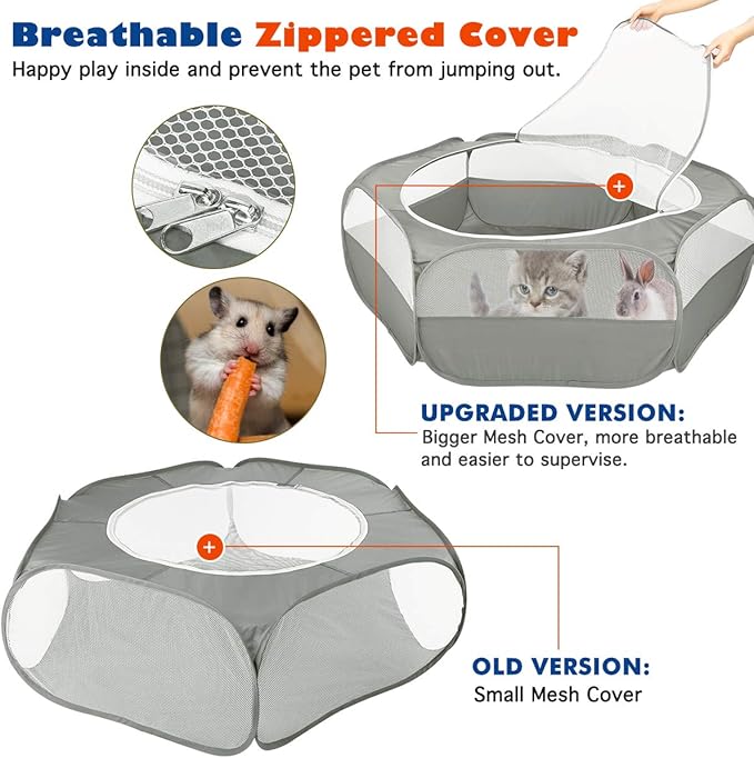 VavoPaw Small Animals Playpen, Waterproof Breathable Indoor Pet Cage Tent with Zipper Cover, Portable Outdoor Exercise Yard Fence for Kitten Hamster Bunny Squirrel Guinea Pig Hedgehog, Gray
