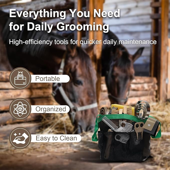 Horse Grooming Kit 14 Pieces, Horse Brushes Set for Grooming & Bathing Supplies, Professional Horse Supplies with Mane & Tail Comb, Curry Comb, Hoof Pick, Gloves & Mesh Tote Bag for Equine Care