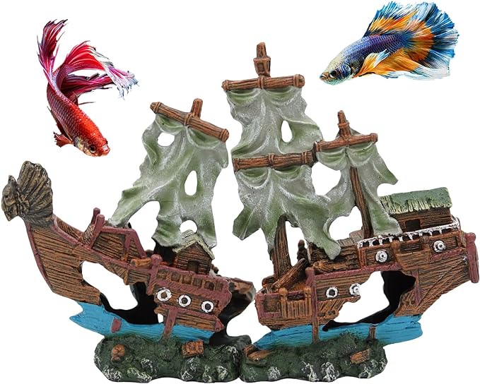 Shipwreck Aquarium Decorations Pirate Ship Ornament w/Sail (2 Pieces) 5 Gallons and Larger Fish Tank, Sunken Ship Decoration Ornaments, Decorative Resin Boat for Freshwater Saltwater Decor