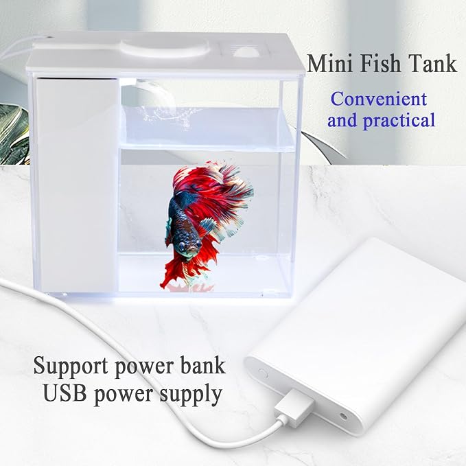 Mini Fish Tank Betta Aquarium Starter Kits Multifunctional Desktop LED Aquarium with Switch Button White, 1 Gallon