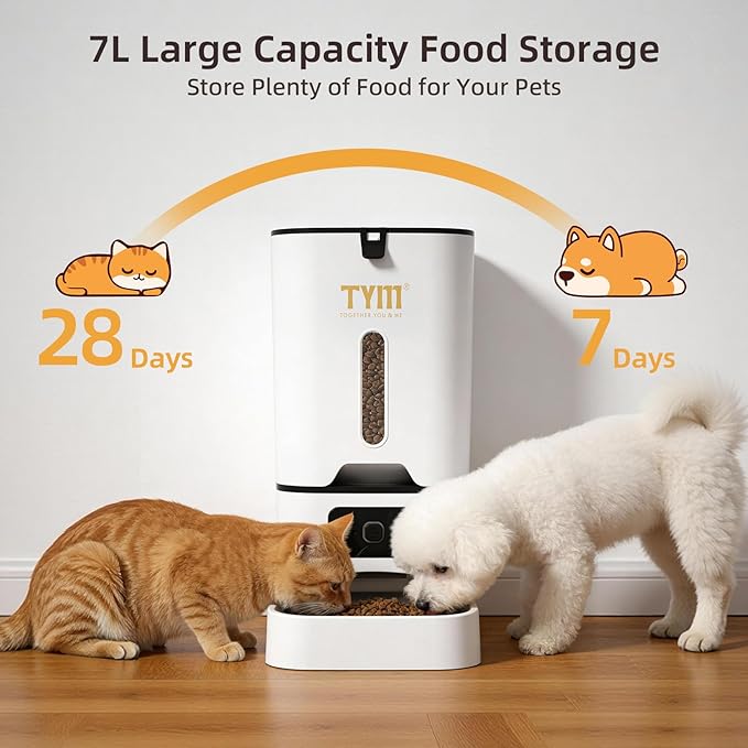 TYM Automatic Cat Feeder, 7L WiFi Cat Food Dispenser with Smart APP Control, Timed Auto Dog Feeder for Small Pets, Programmable Timer, Dual Power Supply, Detachable for Easy Cleaning