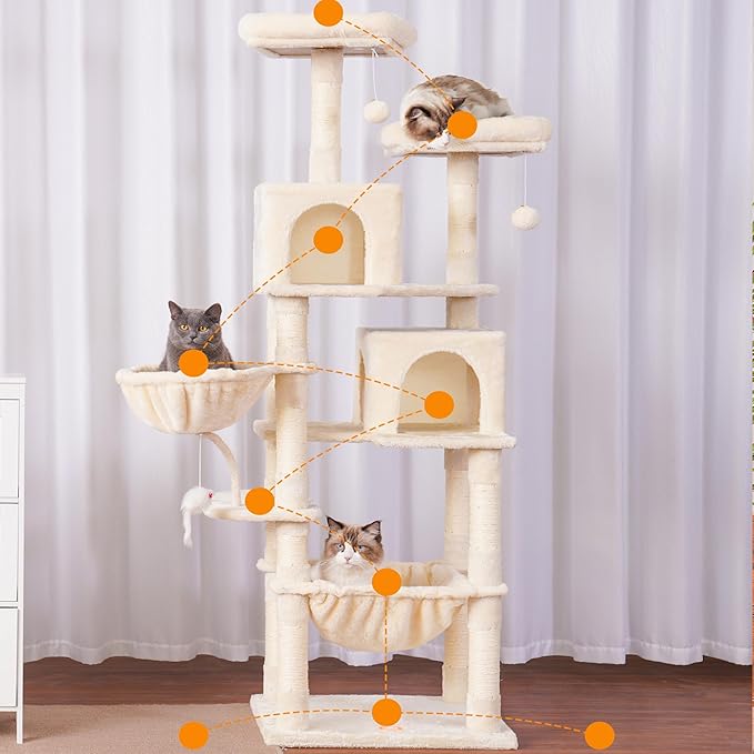Heybly Cat Tree, 70 inches Tall Cat Tower Condo with Toy for Indoor Large Cats, Cat House Furniture with Padded Plush Perch, Cozy Hammock and Sisal Scratching Posts, Beige HCT032M