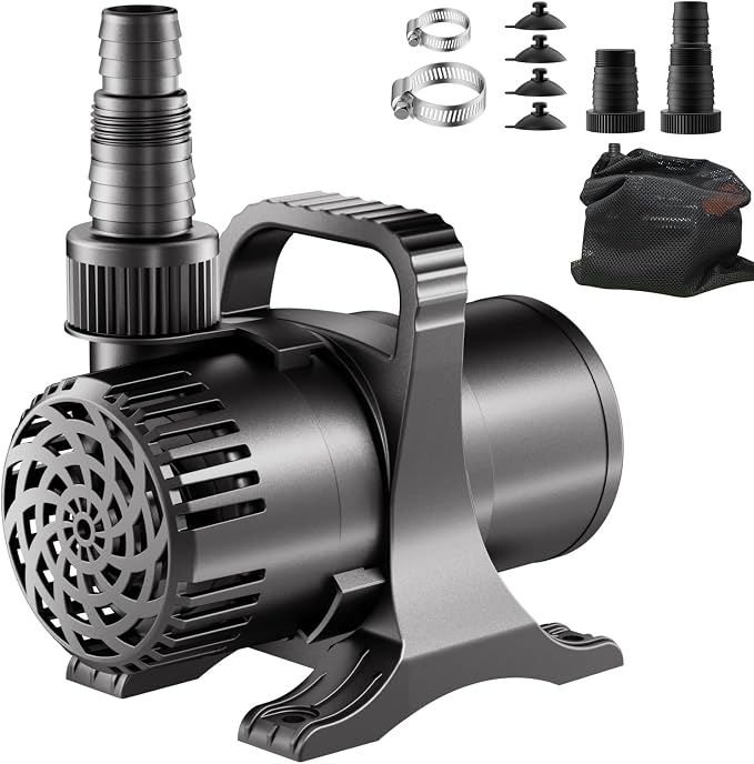320W 6600 GPH Pond Pump, High Flow Heavy Duty Submersible Water Pump for Large Ponds, Pools & High Waterfalls, Continuous Duty, Submersible & Inline Use, 20.3 ft Cord, Includes Filter Bag