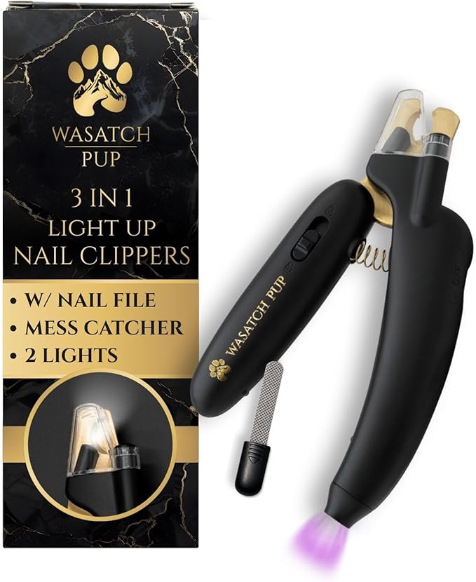 3-in-1 Dog Nail Trimmers and Pet Nail Clippers - Professional Grade with Stainless Steel Blades, LED & UV Light, and Nail Filer for Safety & Precise Toenail Pet Grooming - S to M Dogs