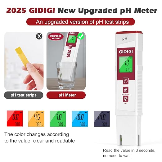 Digital pH Meter, 2 in 1 pH Temp. ATC Tester Pen for Water | pH Test Strip Function,PH Tester for Water, Pool, Hydroponic & Soil | Accurate PH Meter for Aquarium, Food & Plants