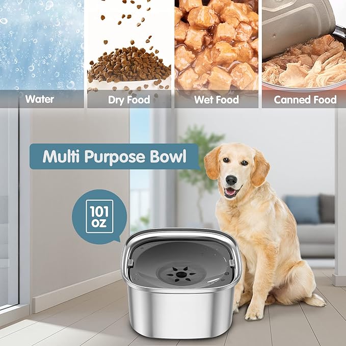 UPSKY 3L Dog Water Bowl 101oz Stainless Steel No Spill Large Capacity Dog Food Water Bowl Slow Water Feeder, Spill Proof Pet Water Dispenser Vehicle Carried Travel Water Bowl