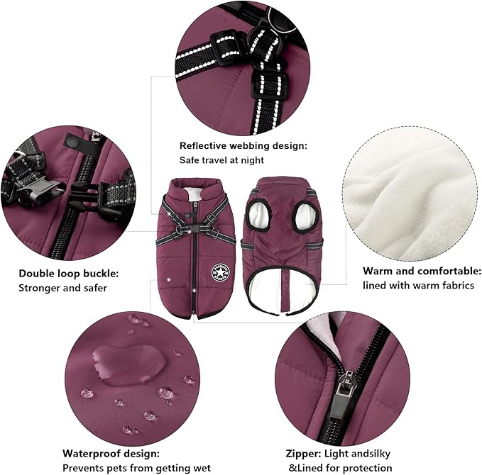 Aiboria Dog Jackets Coat for Winter Windproof Waterproof Fleece Vest Dog Jacket with Chest Strap Belt Purple XL