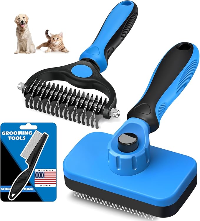 3PCS Self Cleaning Slicker Brush & Pet Grooming Rake & Flea Comb for Dogs, Cats and Horses | Skin Friendly Deshedding Grooming Tool & Double-Sided Dematting Comb | Premium Pet Supplies