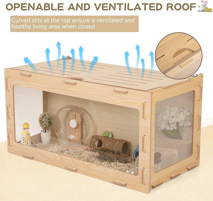 COZIWOW Hamster Cage 32", Large Wooden 270° Panoramic View Chewproof Habitat, Bigger World Small Animal House with Openable Top & Acrylic Panels for Syrian, Dwarf Hamsters, Gerbils