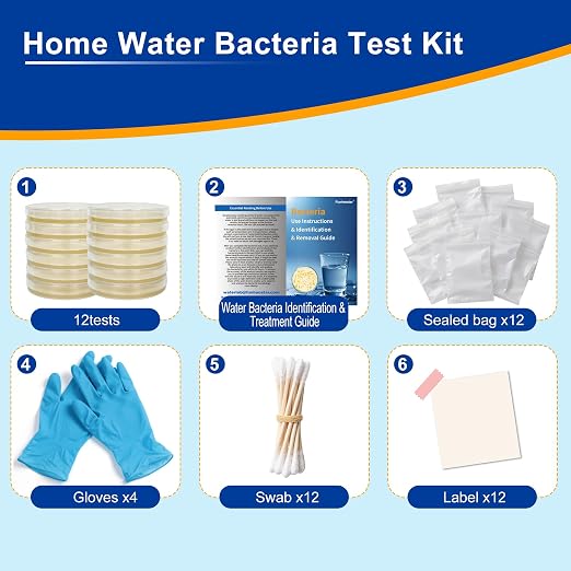 Bacteria Water Test Kit - 12 Tests Detects 50 Different Species of Coliform Bacteria, E.coli & All Bacteria | Home Test Kit for Well, Tap, Pool, Hot Tub & City Water | with Free Lab Analysis