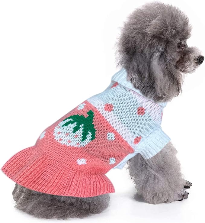 CHBORCHICEN Pet Dog Sweaters Classic Knitwear Turtleneck Winter Warm Puppy Clothing Cute Strawberry and Heart Doggie Sweater (S, Dress-Pink)