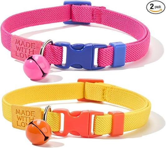 Elastic Cat Collar 2 Pack of Safety Quick Release Cat Collars with Bell Anti-Suffocation Kitten Puppy Collars(Yellow+Hot Pink)