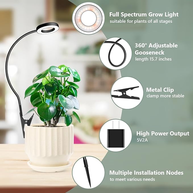 Plant Light Black 2 Pack, Clip on Grow Lights for Indoor Plants | LED Full Spectrum Halo Grow Lamp, 6/12/16H Timer, 5 Dimmable, 3 Modes, 2 Installation Options Clip or Plug, 360° Gooseneck