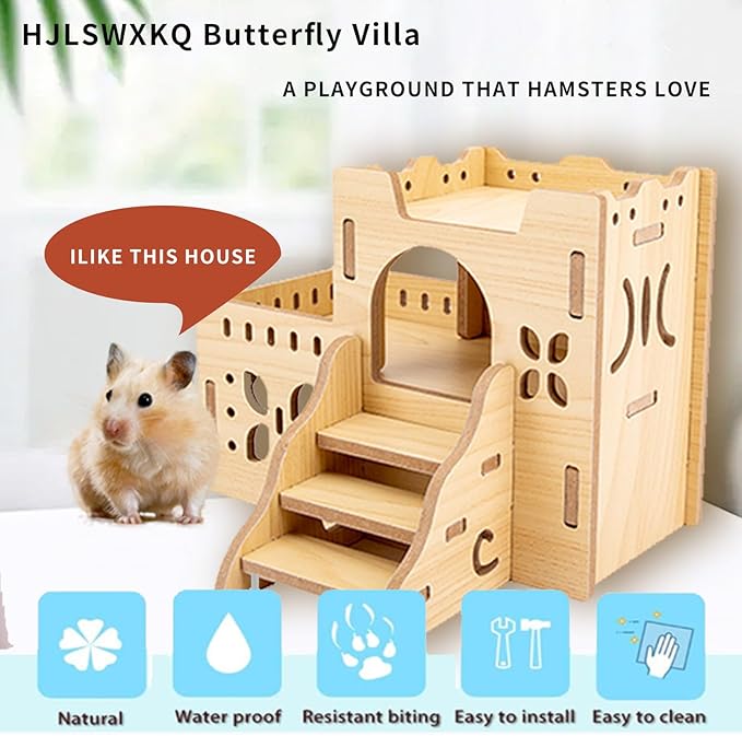Natural Wood Hamster Habitat Hideout Cage Accessories, Maze Cabin with Fun Slide & Double-Decker House, Exercise Toys for Dwarf Hamsters, Gerbils, Mice, Other Small Animals(Only for Small Hamster A)