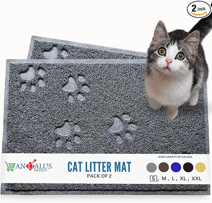 Andalus Small Cat Litter Mat, Pack of 2 - Waterproof, Non-Slip & Easy to Clean Cat Litter Box Mat for Extra Efficient Pet Litter-Trapping, Grey (15.75” X 11.75”)