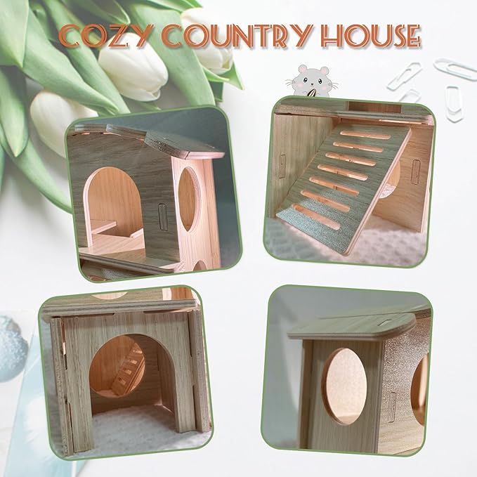 Wood Hamster House, Fun Tiny Hamsters Hideout, Detachable Double-Decker Hut for Dwarf Gerbil Mouse Mice Rat Small Animals(Only for Small Hamster)