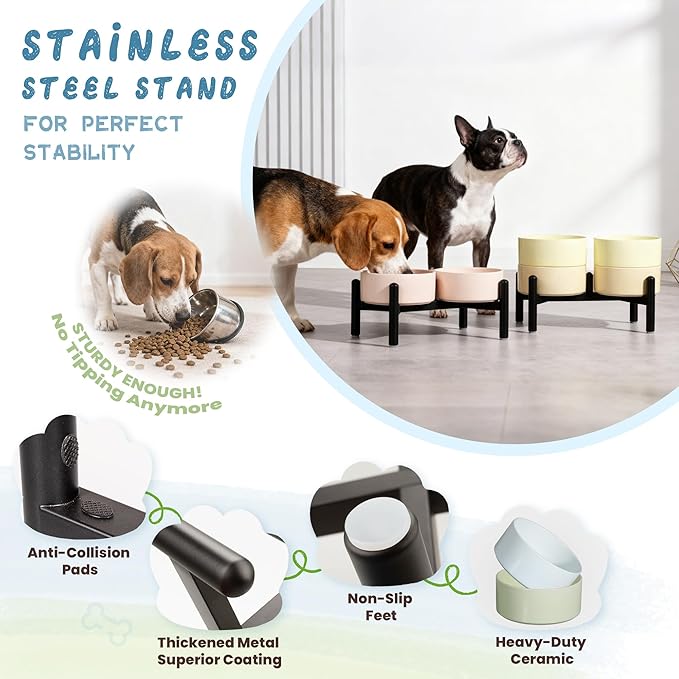 Ceramic Elevated Dog Bowl Set - Dog Feeder Station with Cute-Style Double Bowls for Small and Medium Size Breed - Non-Slip Raised Dish for Food and Water Feeding- 6 Inch - 3.5 Cups / 20 fl oz - Khaki