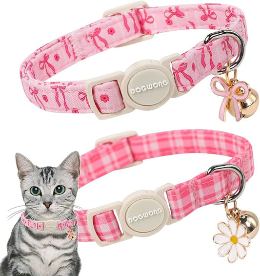 2 Pack Pink Cat Collars - Spring Summer Pink Bow Breakaway Cat Collar with Bell, Adjustable Cute Pink Plaid Kitten Collars for Girl Cats, 7-12 Inch