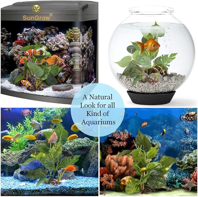 SunGrow Plastic Leaf Plant, Heavy-Duty Ceramic Base, Hiding Spot for Fish, Betta, Angelfish, Gold Fish, Frog, Python, Reptiles, Amphibians (2, 10 Inches)