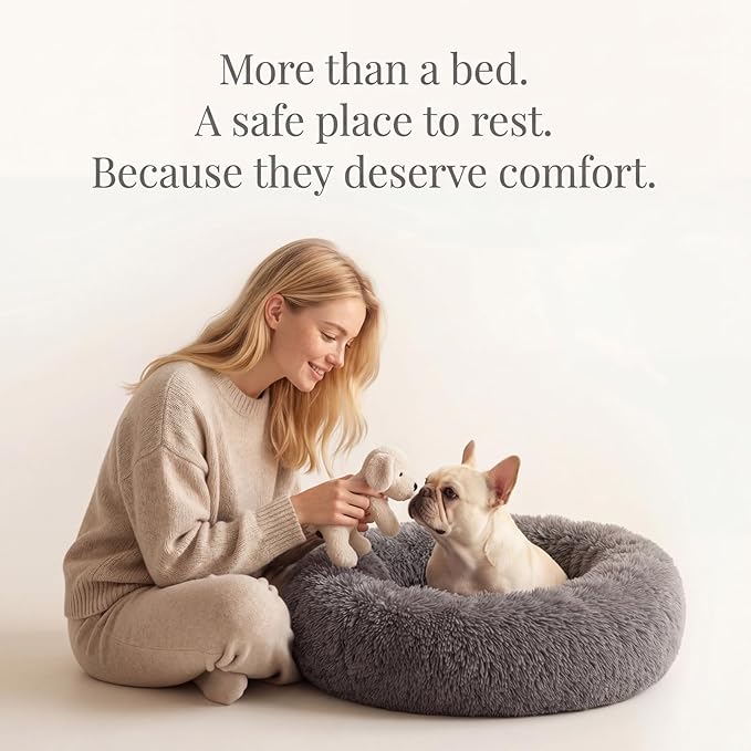 Calming Donut Dogs Beds for Medium Dogs up to 45 lb,30inch Anti-Slip Plush Round Dog Bed with Raised Rim,Fluffy Faux Fur Pet Bed for Cozy Sleep,Dark Grey