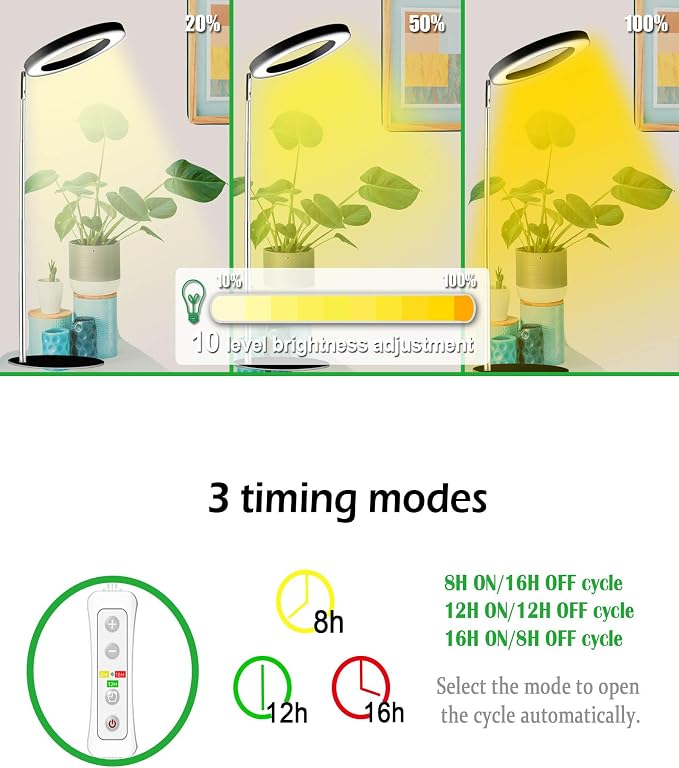 144 LEDs Full Spectrum Plant Grow Light for Indoor Plants,Height Adjustable, 6.3" Aluminum Housing,Automatic Timer with 8/12/16 Hours,10-Level Brightness,Black Plant Light with Base,2 Pack
