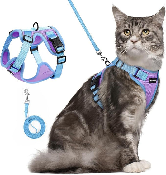 rabbitgoo Cat Harness and Leash Set, Escape Proof Soft Adjustable Vest Harnesses for Outdoor Walking, Easy Control Breathable Kitten Jacket with Reflective Strips, Purple & Blue, M