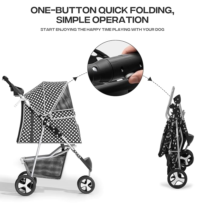 Pet Stroller for Small Dogs 10 lbs, Dog Stroller for Medium Dogs 30 lbs, Cat Strollers for 2 Cats, 3 Wheels Foldable Jogger Puppy Stroller with Storage Basket and Cup Holder, Black Polka Dots