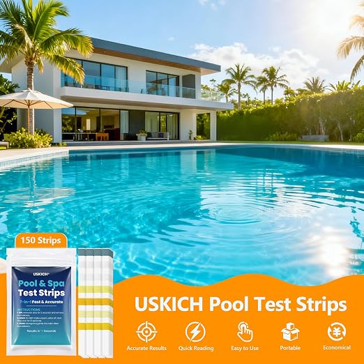 7 in 1 Pool Test Strips, 150-Count Hot Tub & Spa Test Strips, Pool Water Testing Kit Accurately Tests Bromine, Total Alkalinity, pH, Free Chlorine, Total Hardness, Cyanuric Acid and Total Chlorine