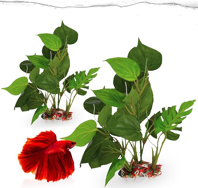 SunGrow Plastic Leaf Plant, Heavy-Duty Ceramic Base, Hiding Spot for Fish, Betta, Angelfish, Gold Fish, Frog, Python, Reptiles, Amphibians (2, 10 Inches)