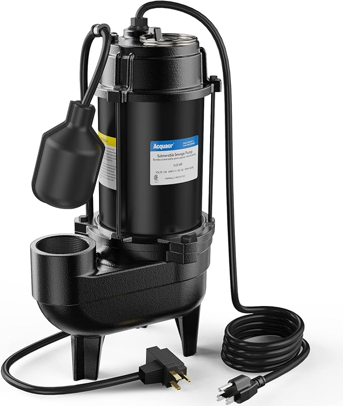 Acquaer Sewage Pump, Cast Iron, Automatic Tethered Float Switch, Sewage Effluent Pump for Sump Basin, Basement, Residential Sewage, 2'' NPT Discharge, Black