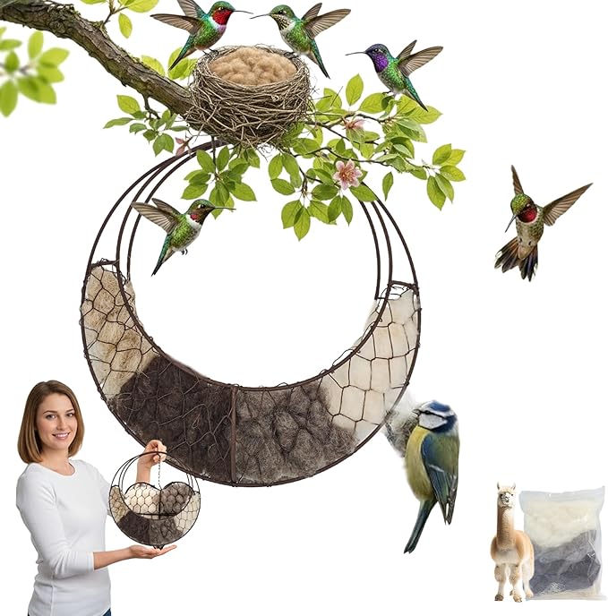 Bird Nesting Material, Hummingbird Nesters, Natural Alpaca Wool Material for Wild Birds, Design for Bird Lover Gifts, Refillable Outdoor Bird Nesting Station (Moon)
