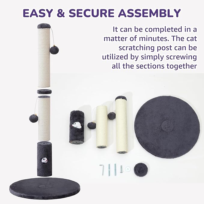 Woochpet 33'' Tall Cat Scratching Post for Adults Cats, Sturdy Large Scratch Pole with Hanging Ball with Fun Mouse Hole, Scratching Posts for Indoor with Durable Natural Sisal Rope (Darkgrey)