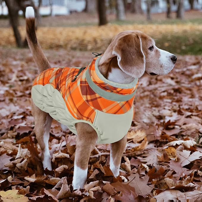 Lelepet Warm Dog Winter Coat Dog Coats for Small Dogs Waterproof Dogs Jacket with Harness Built in Reflective Cold Weather Coats Windproof Zip-Up Winter Fleece Vest Snowsuit Chihuahua Orange Plaid