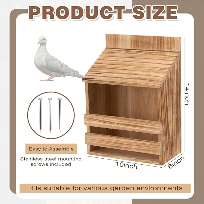 Briwooody Wooden Open Mourning Dove Nesting Box for Outside Dove Bird House 14 H x 10 W x 6 L Inches Bird Nesting and Roosting Platform Hanging Birdhouse Garden Decoration (Flat Roof, Brown)