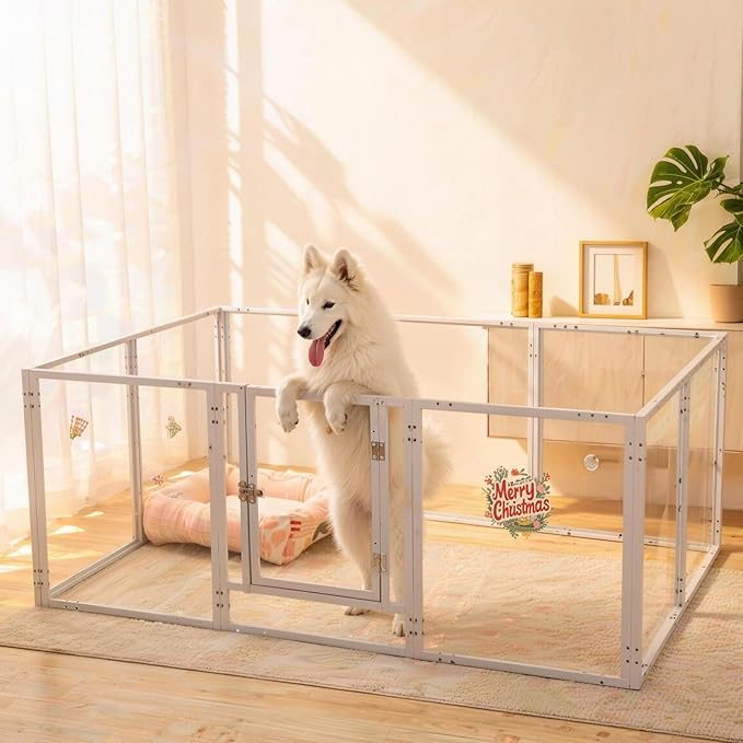 Clear Acrylic Dog Playpen with Door,Puppy Fence Indoors H:24" 10-Panel can be DIY Expanded + Splicing Height Design for Puppies/Small Dogs,White Dog Enclosure (Metal + Acrylic Material)